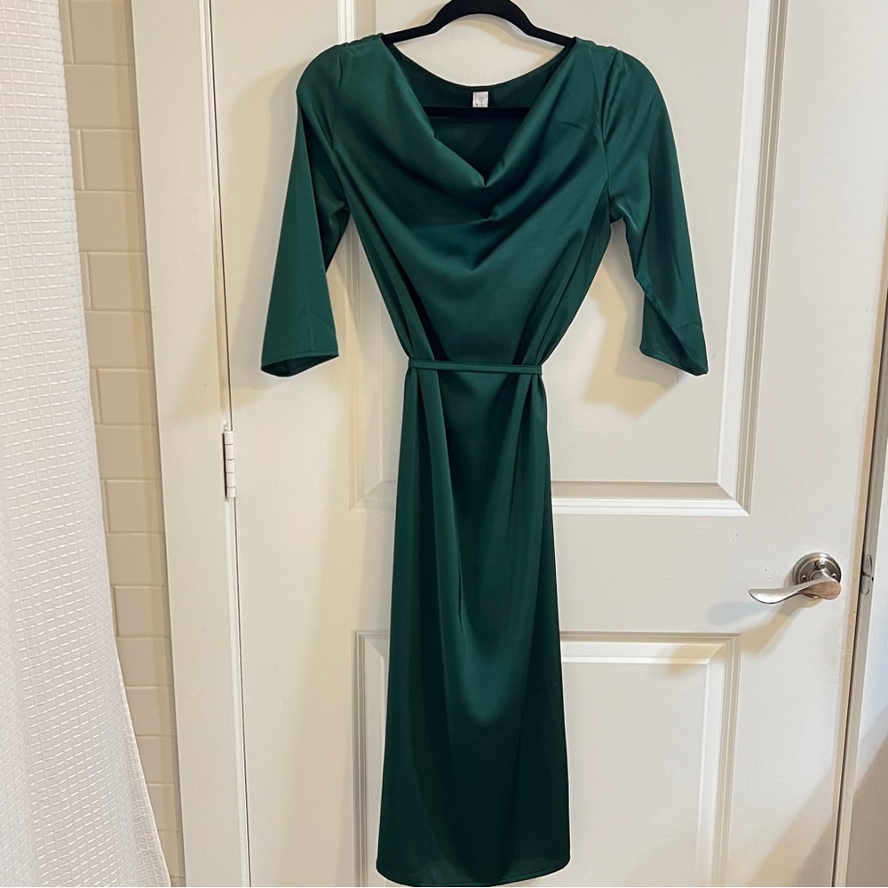Emerald Green Satin Cowl Nack Midi Dress